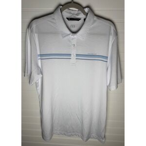 Travis Mathew Polo Golf Shirt Mens Size L‎ White Blue Striped Short Sleeve